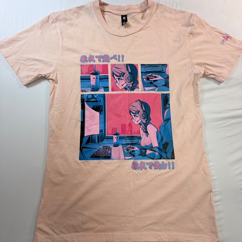 Vaporwave Anime Gamer Girl Boba Tea Japanese Text Aesthetic Tee Pink Mens M